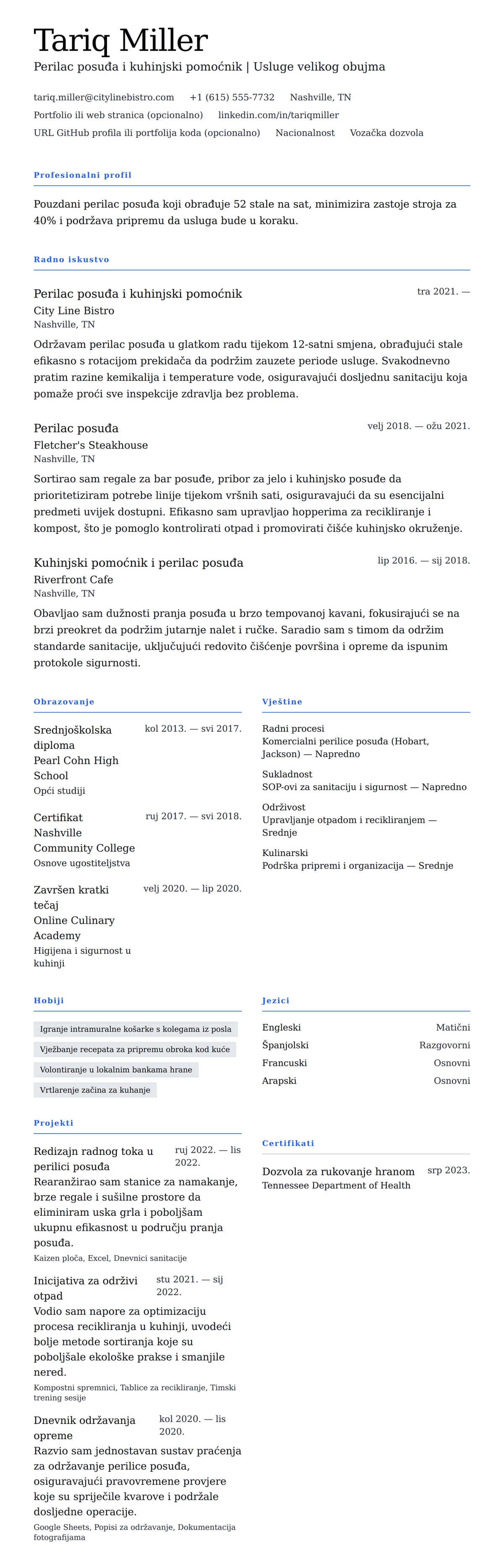 Pregled životopisa za Primjer životopisa za perilača posuđa