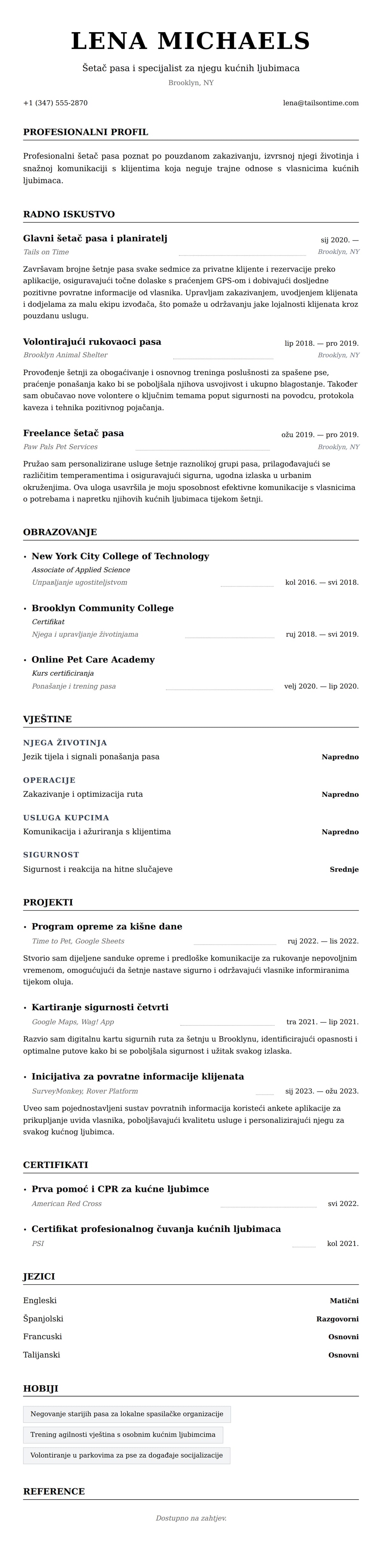 Pregled životopisa za Primjer životopisa za šetača pasa