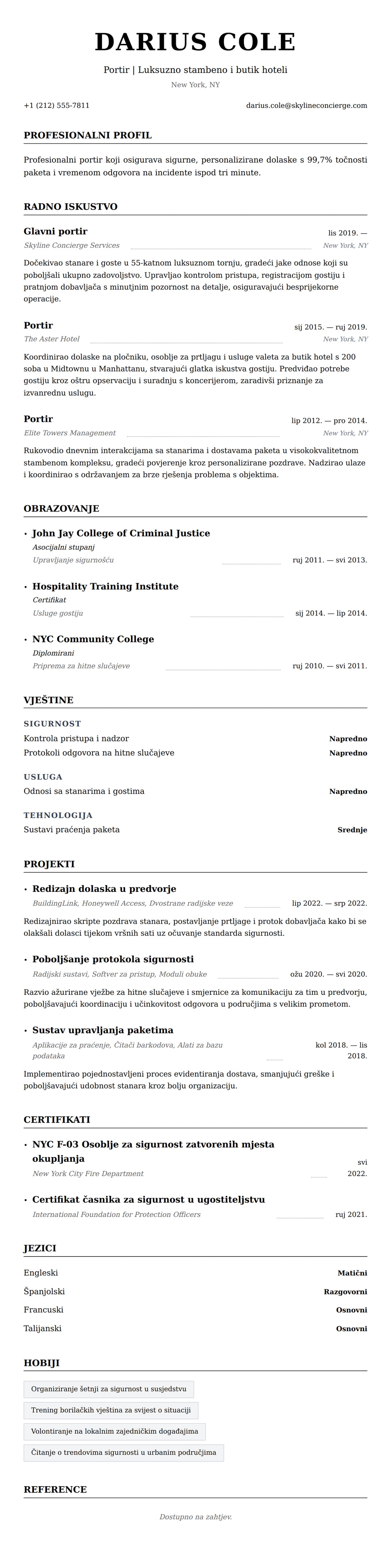 Pregled životopisa za Primjer životopisa portira