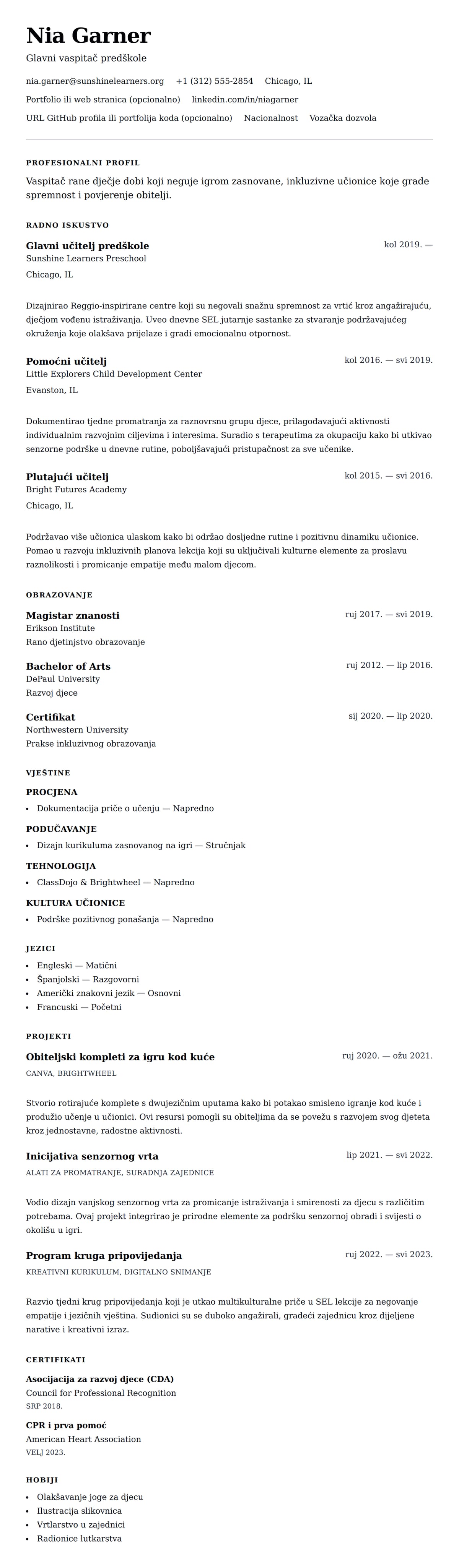 Pregled životopisa za Primjer životopisa za vaspitača rane dječje dobi