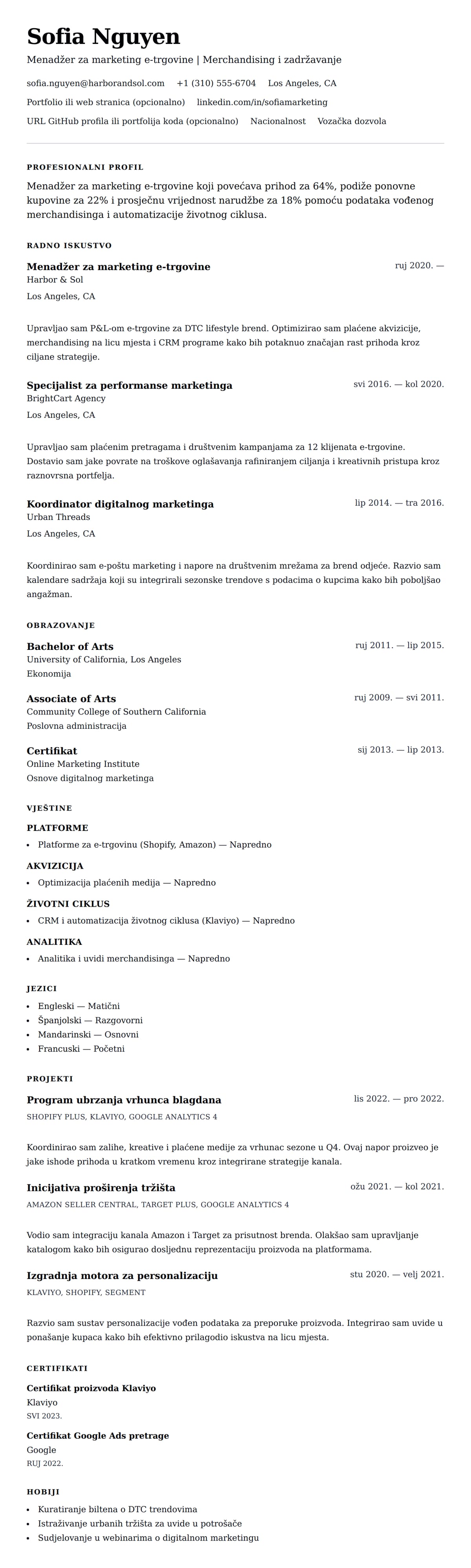 Pregled životopisa za Primjer rezimea za menadžera marketinga e-trgovine