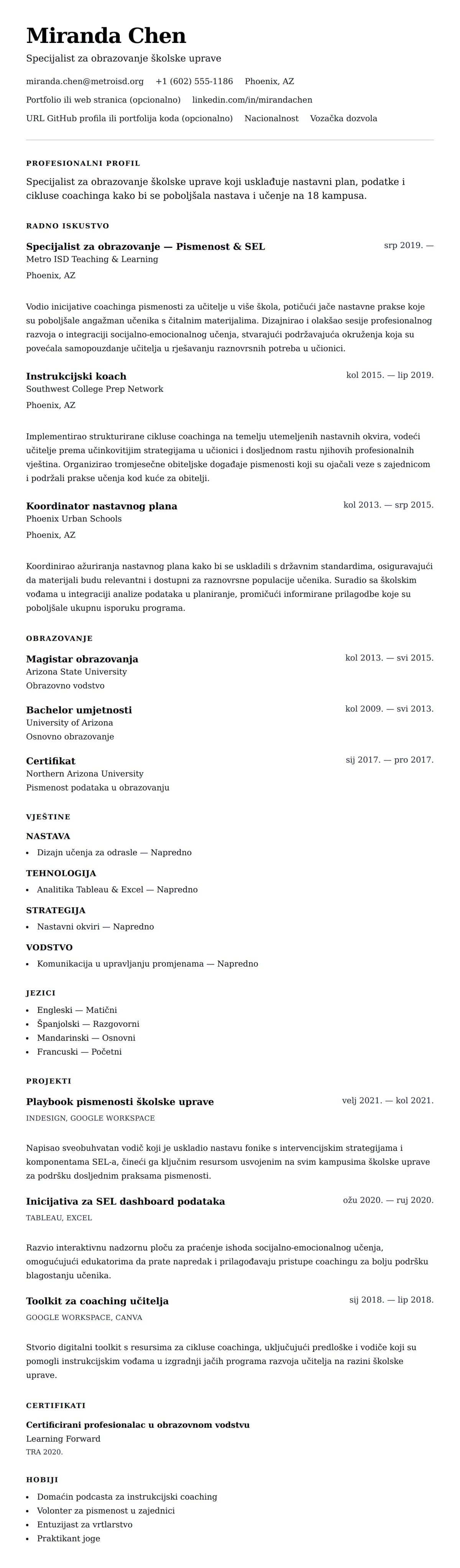 Pregled životopisa za Primjer životopisa specijalista za obrazovanje