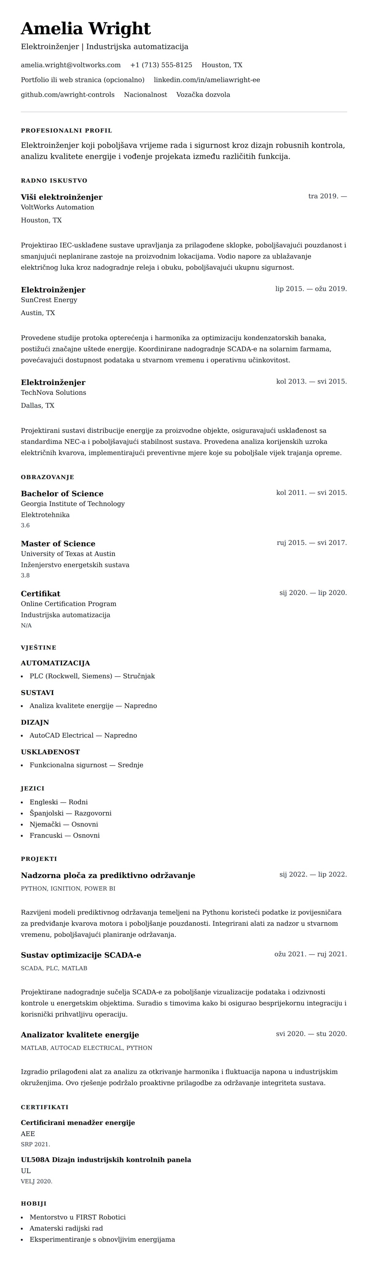 Pregled životopisa za Primjer životopisa elektroinženjera