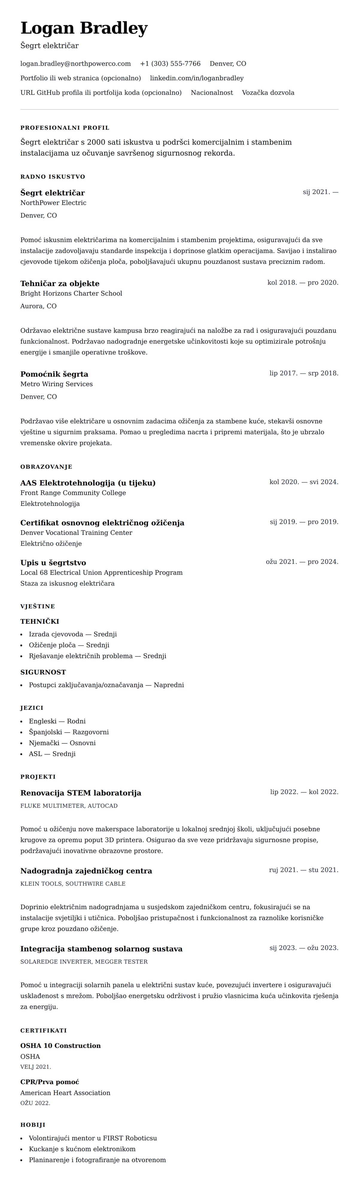 Pregled životopisa za Primjer životopisa za šegrta električara