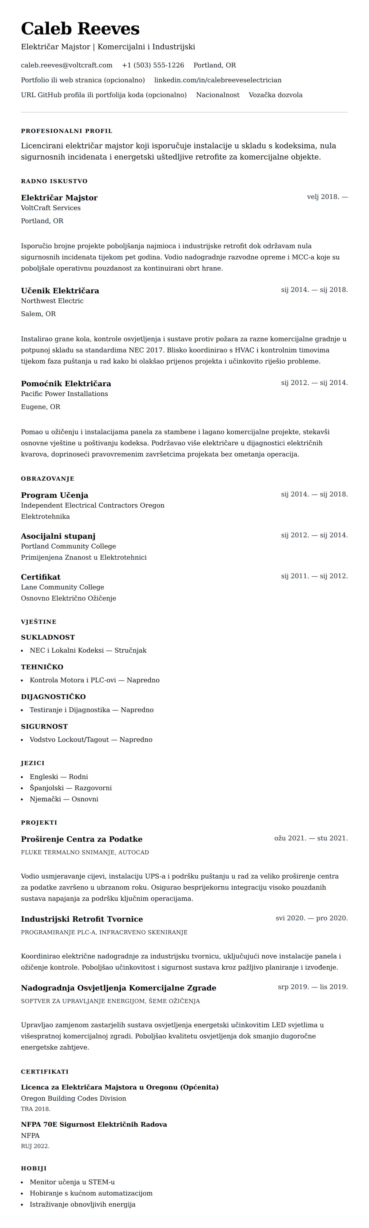 Pregled životopisa za Primjer Životopisa Električara