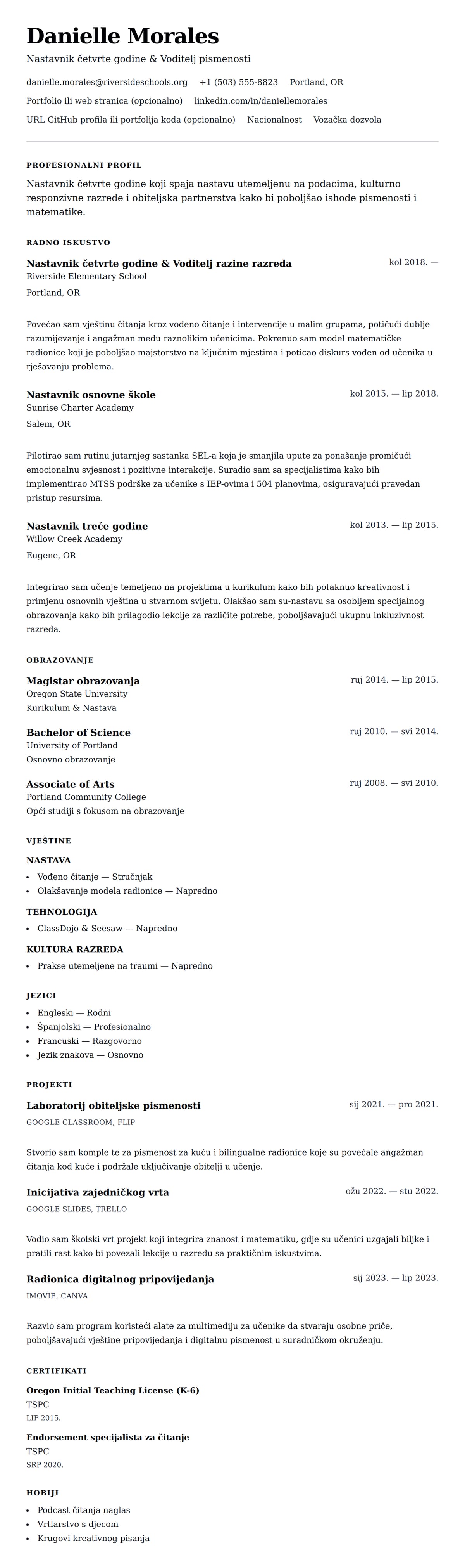 Pregled životopisa za Primjer životopisa nastavnika osnovne škole