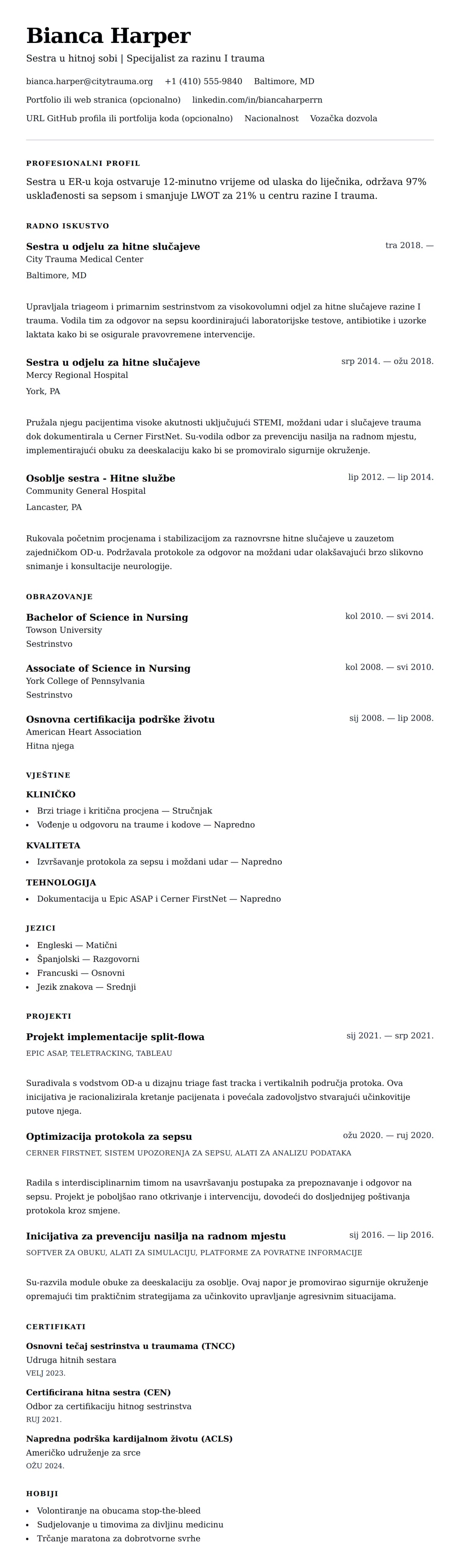 Pregled životopisa za Primjer životopisa sestre u odjelu za hitne slučajeve (ER)