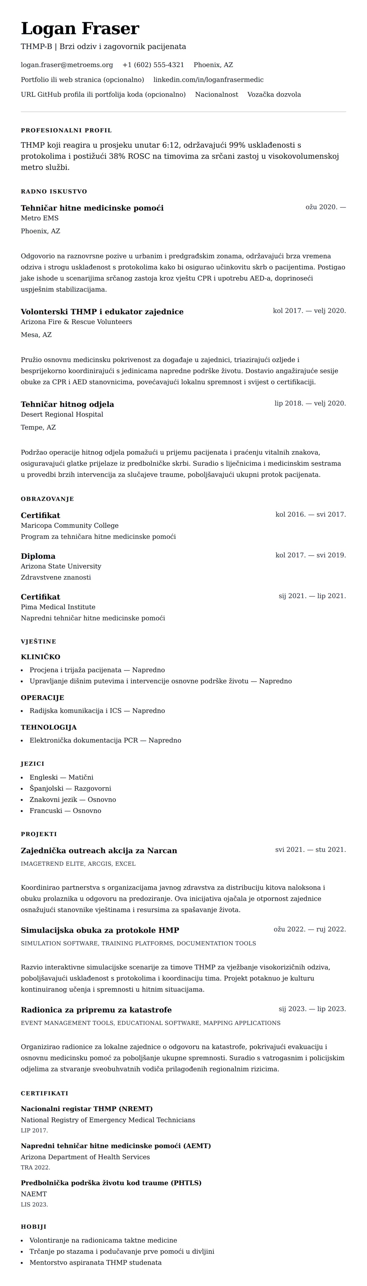 Pregled životopisa za Primjer životopisa za tehničara hitne medicinske pomoći (THMP)