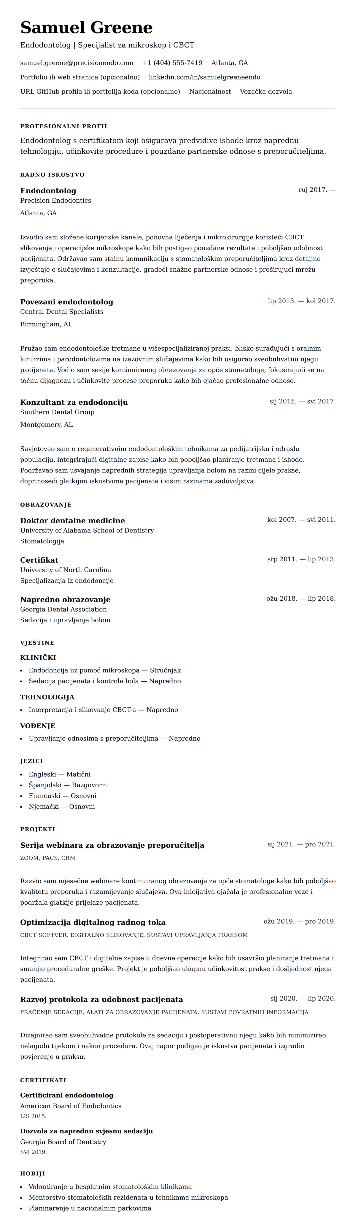 Pregled životopisa za Primjer životopisa endodontologa