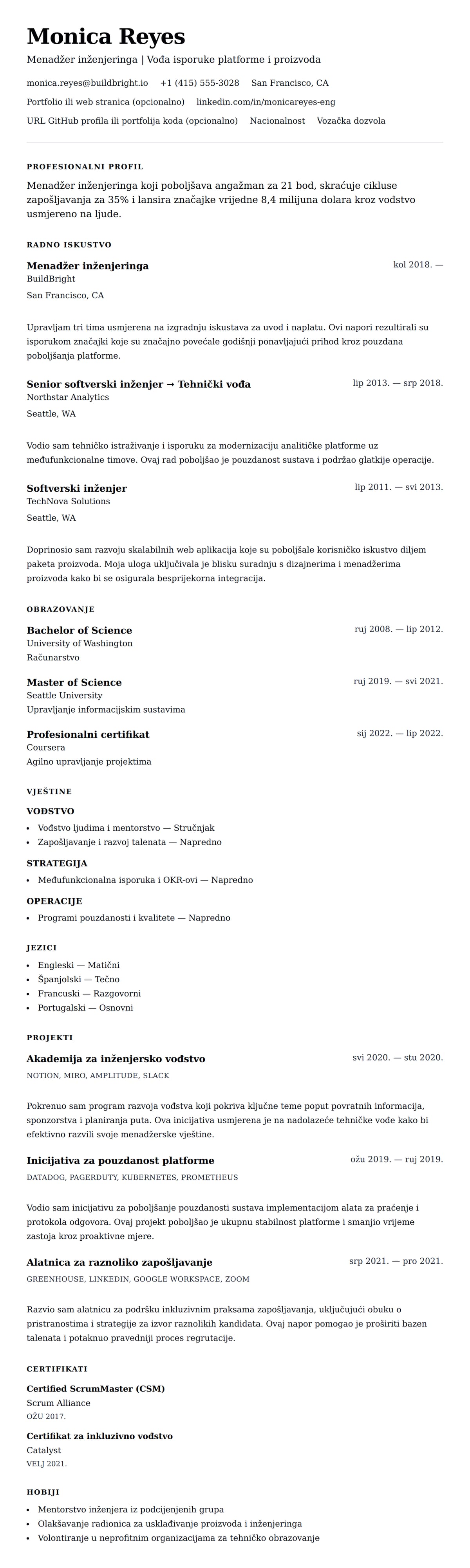 Pregled životopisa za Primjer CV-a za menadžera inženjeringa