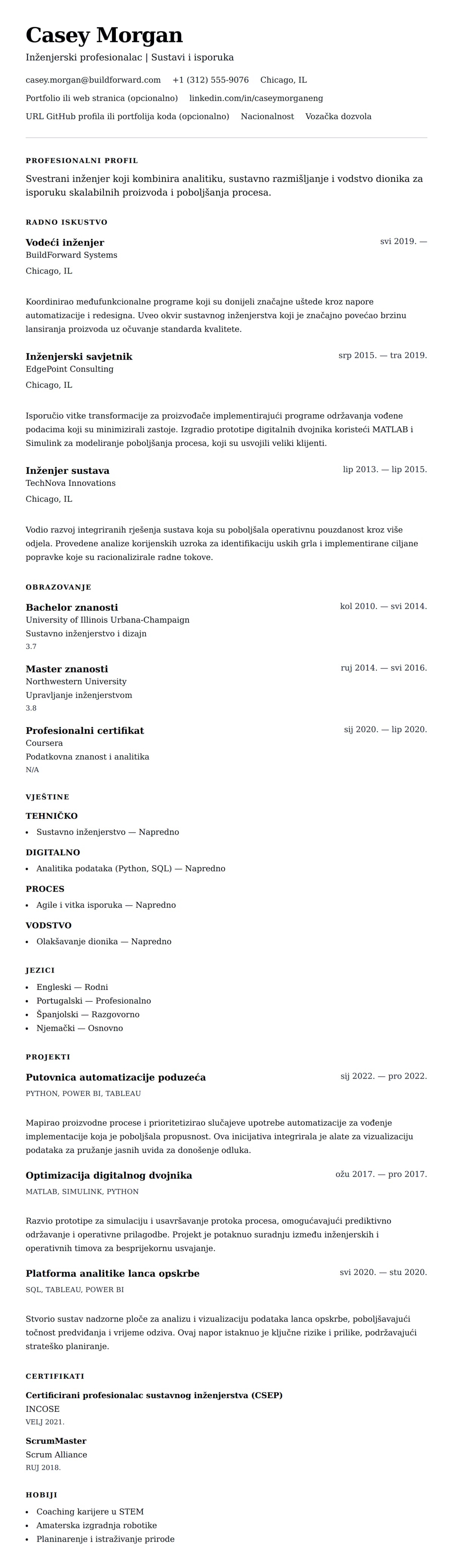 Pregled životopisa za Primjer inženjerskog životopisa