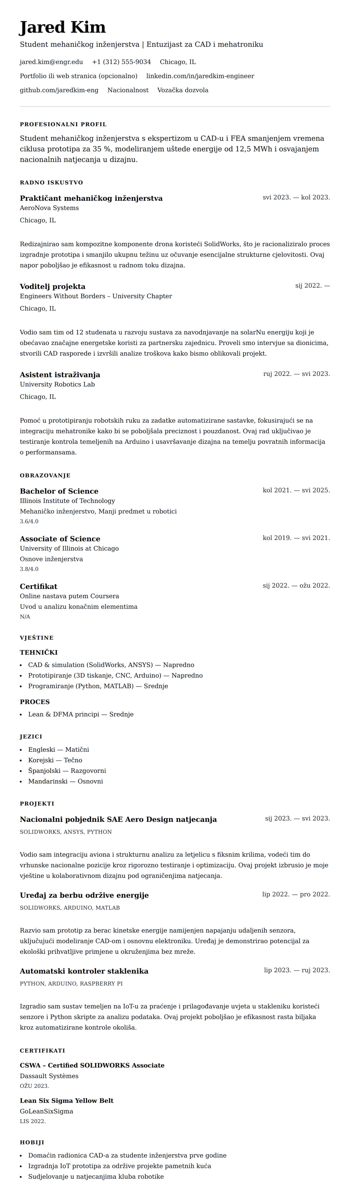 Pregled životopisa za Primjer životopisa studenta inženjerstva