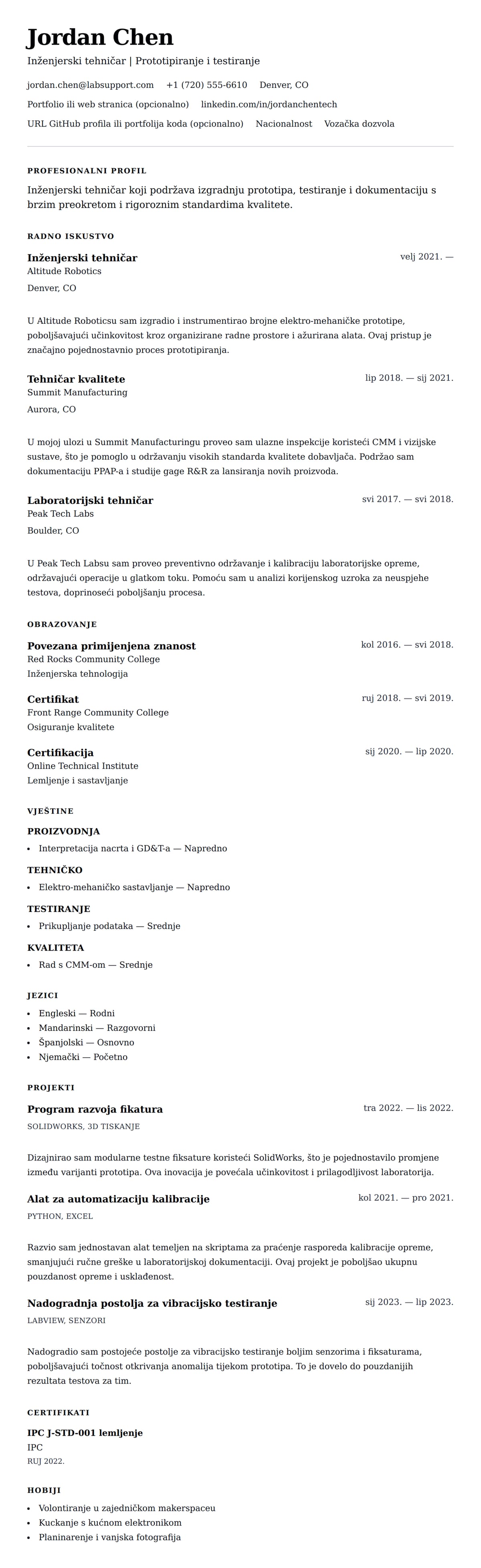 Pregled životopisa za Primjer CV-a za tehničara