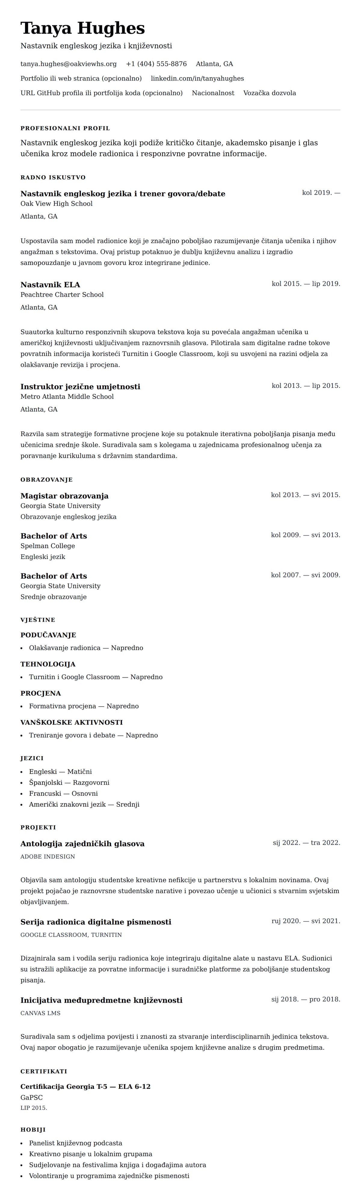 Pregled životopisa za Primjer životopisa nastavnika engleskog jezika