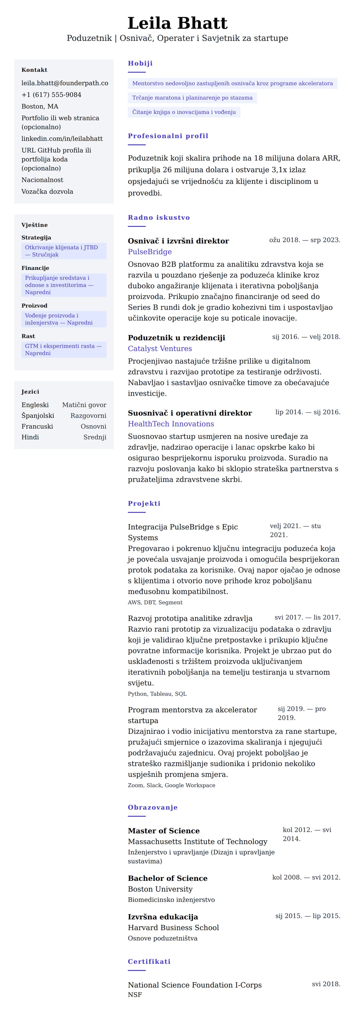 Pregled životopisa za Primjer životopisa poduzetnika