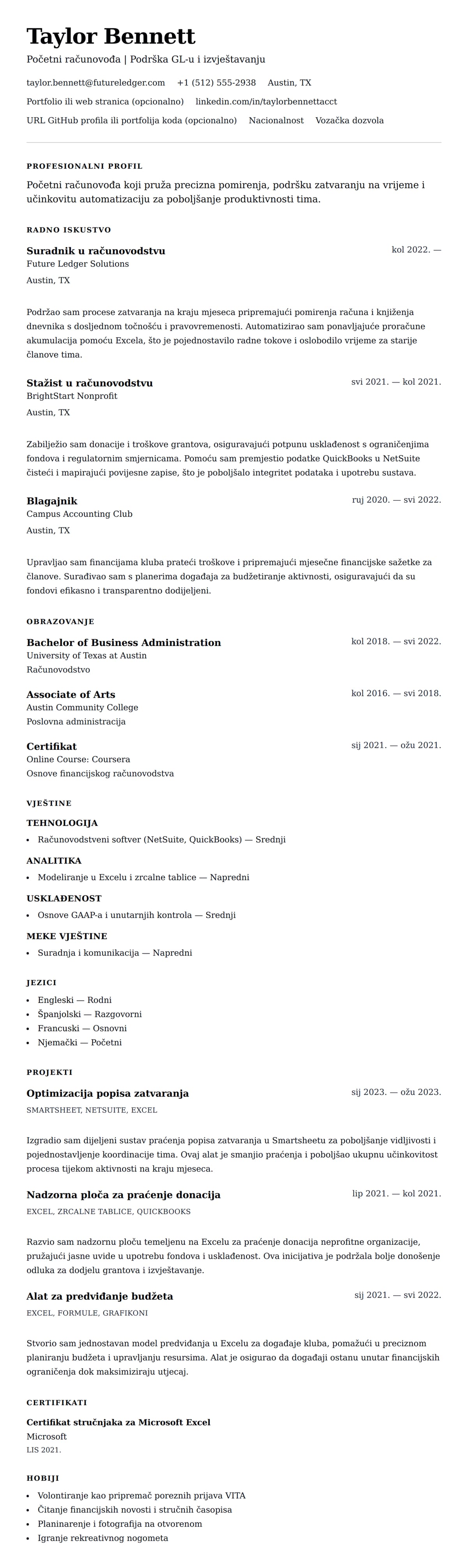 Pregled životopisa za Primjer rezimea za početnog računovođu