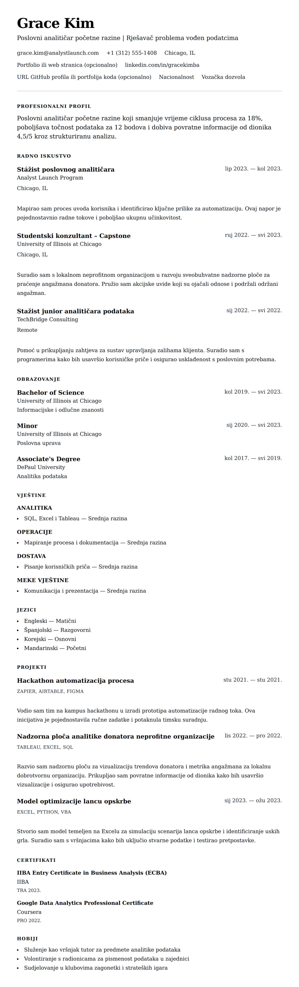 Pregled životopisa za Primjer životopisa za poslovnog analitičara početne razine