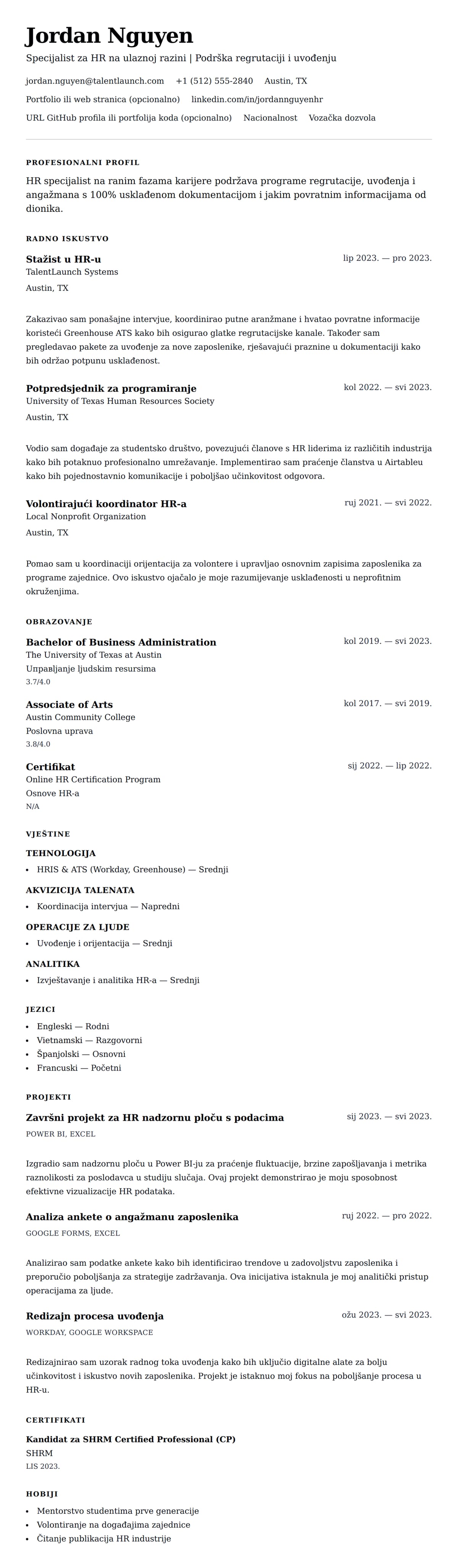 Pregled životopisa za Primjer životopisa za specijalista za HR na ulaznoj razini