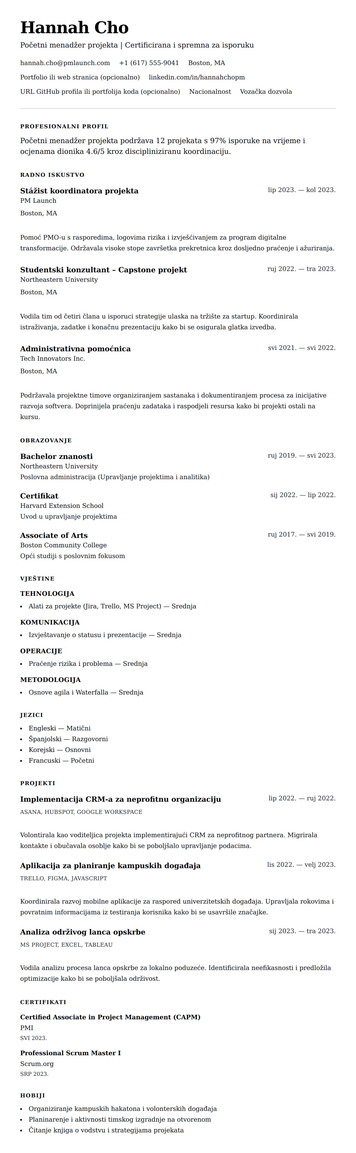 Pregled životopisa za Primjer životopisa za početnog menadžera projekta