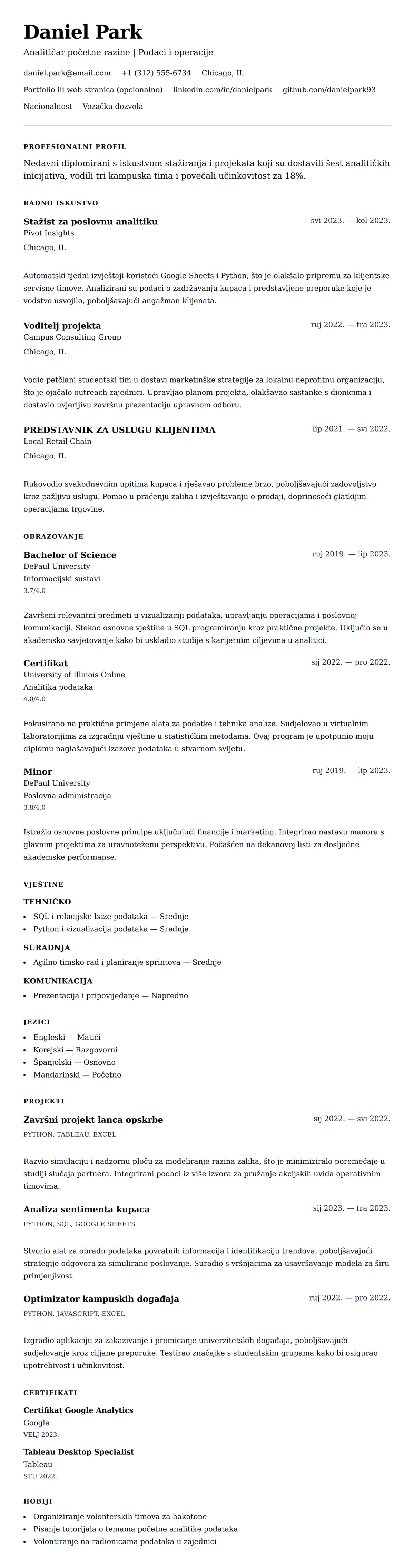 Pregled životopisa za Primjer početnog životopisa