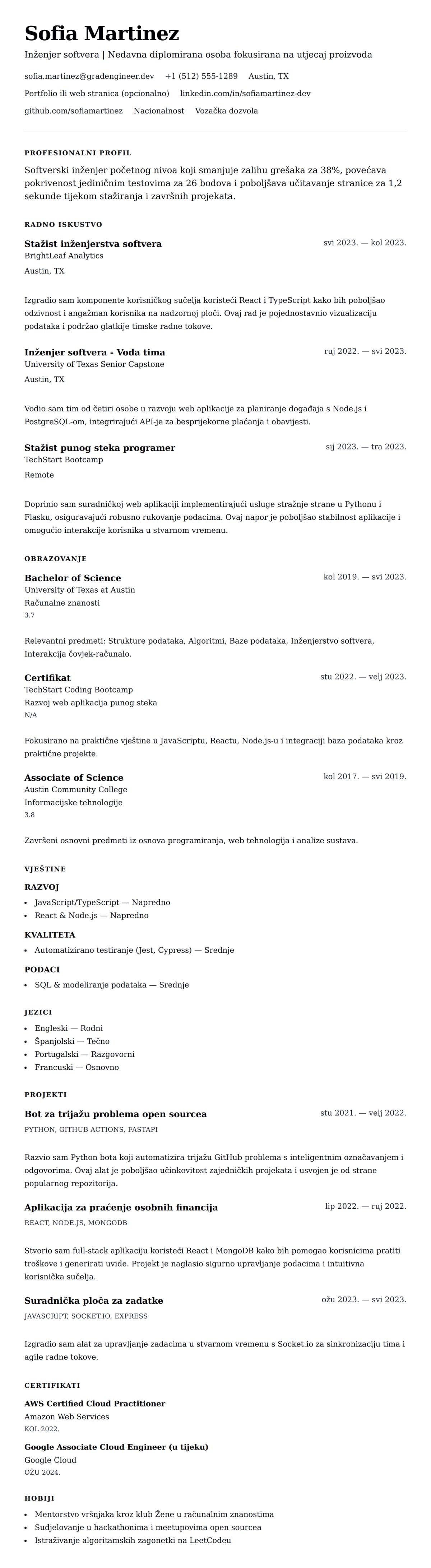 Pregled životopisa za Primjer CV-a za softverskog inženjera početnog nivoa