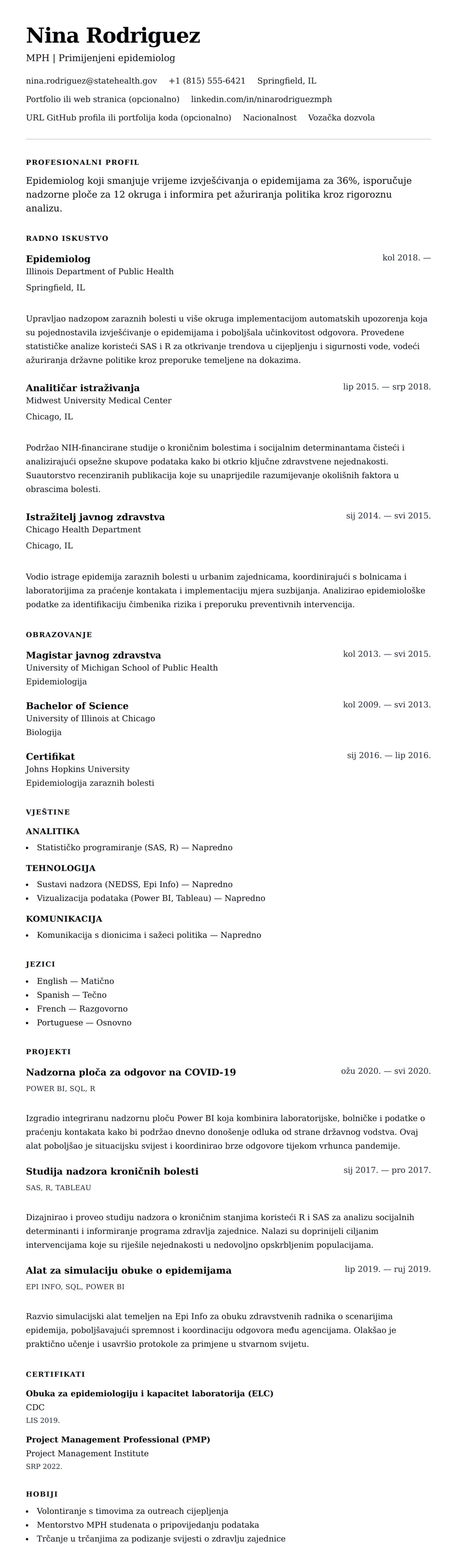 Pregled životopisa za Primjer životopisa epidemiologa