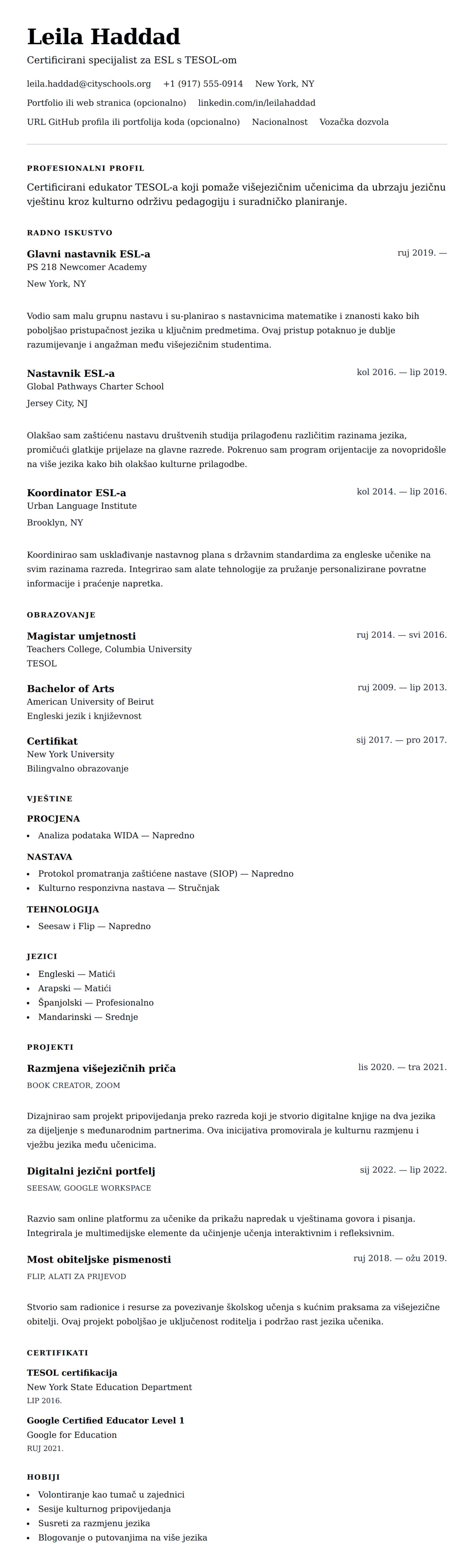 Pregled životopisa za Primjer životopisa za nastavnika ESL-a