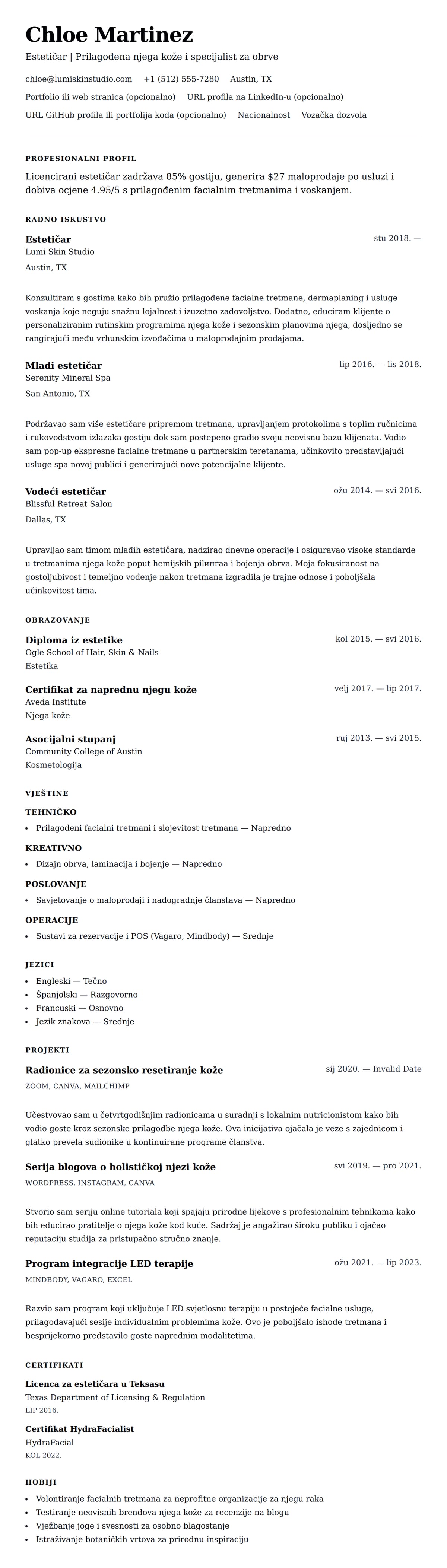 Pregled životopisa za Primjer životopisa estetičara