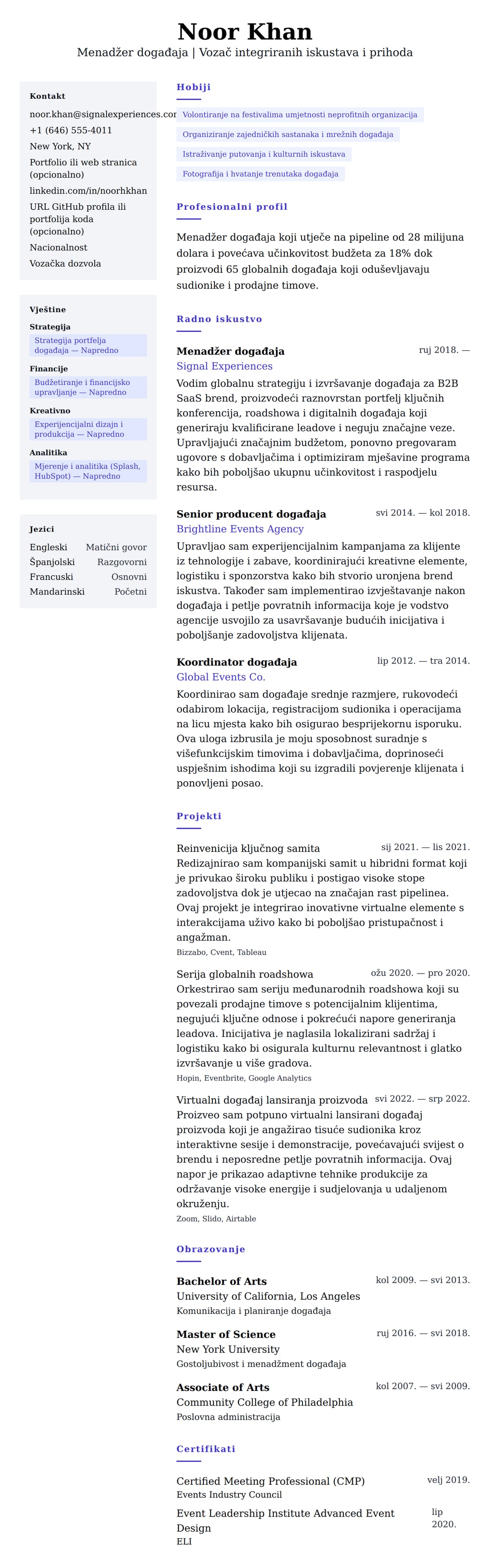 Pregled životopisa za Primjer životopisa za menadžera događaja