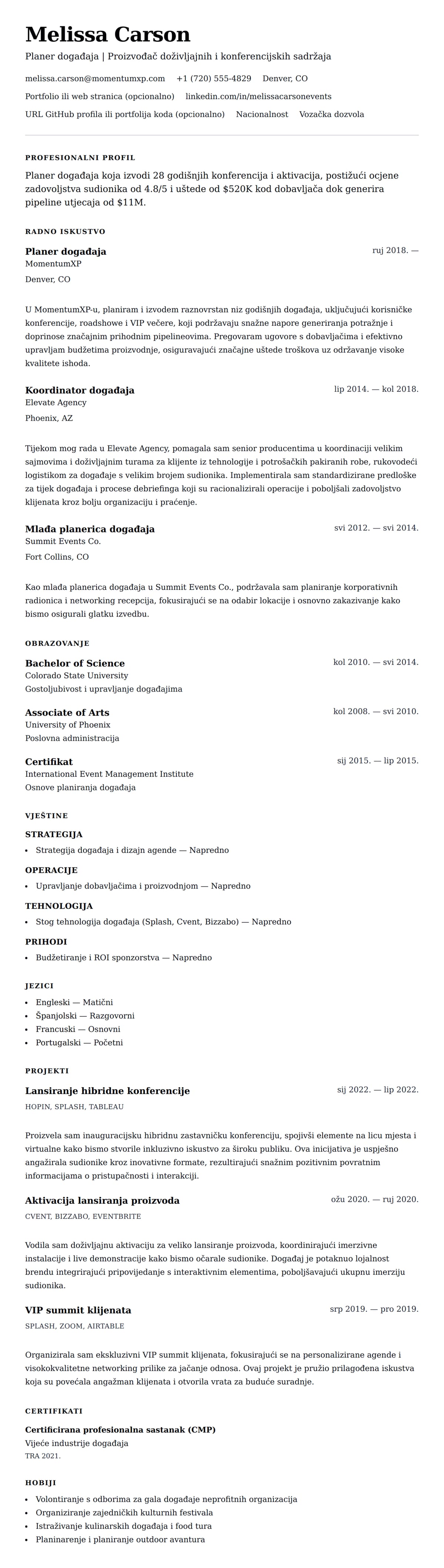 Pregled životopisa za Primjer životopisa za planer događaja