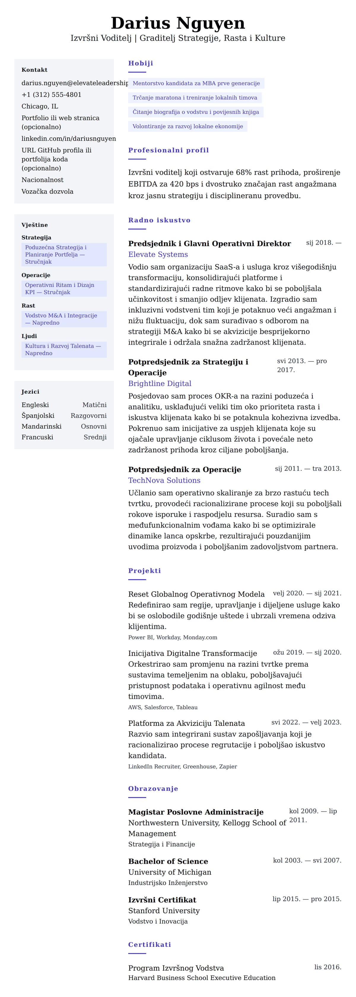 Pregled životopisa za Primjer Životopisa Izvršnog Voditelja