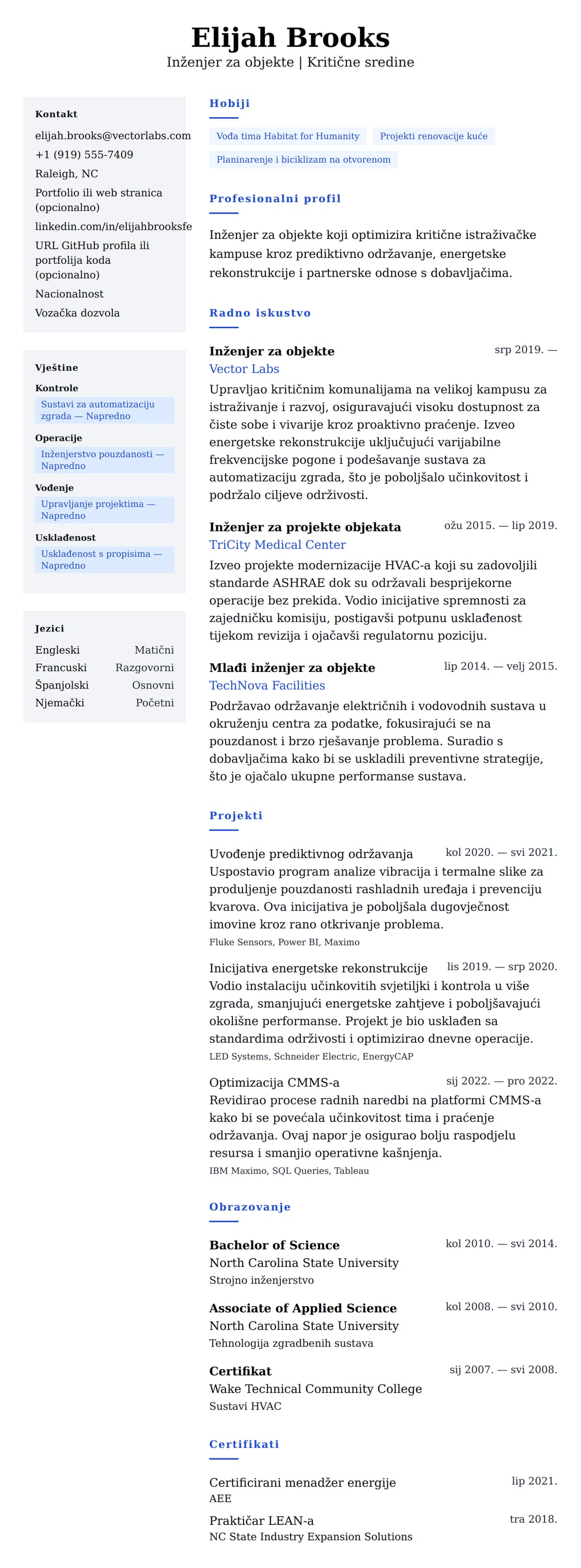 Pregled životopisa za Primjer životopisa inženjera za objekte