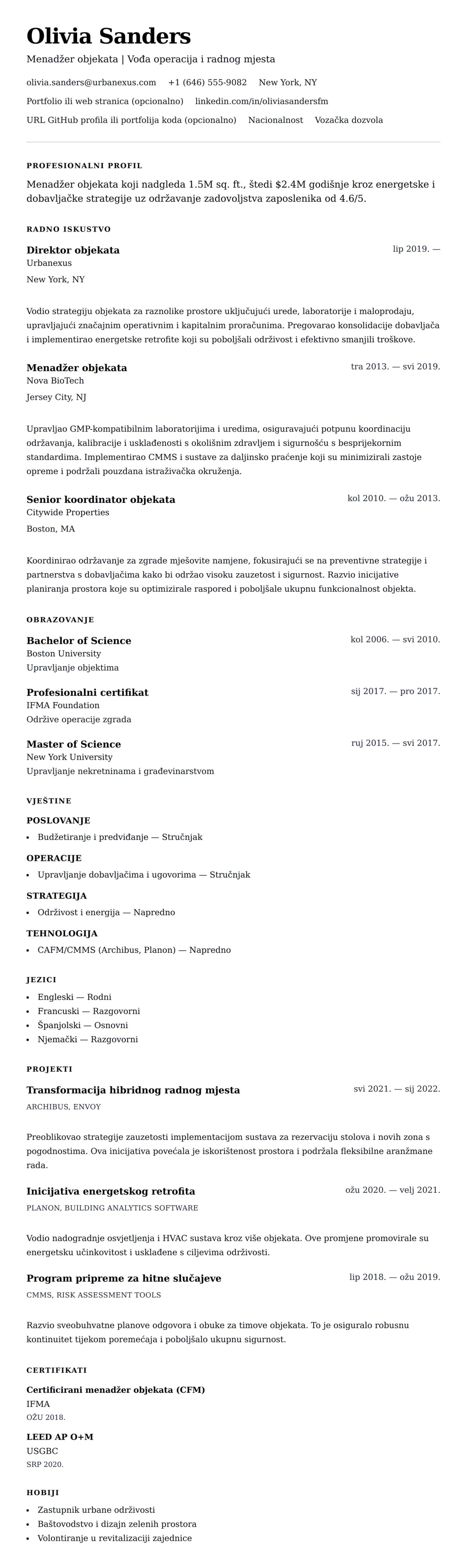 Pregled životopisa za Primjer životopisa menadžera objekata