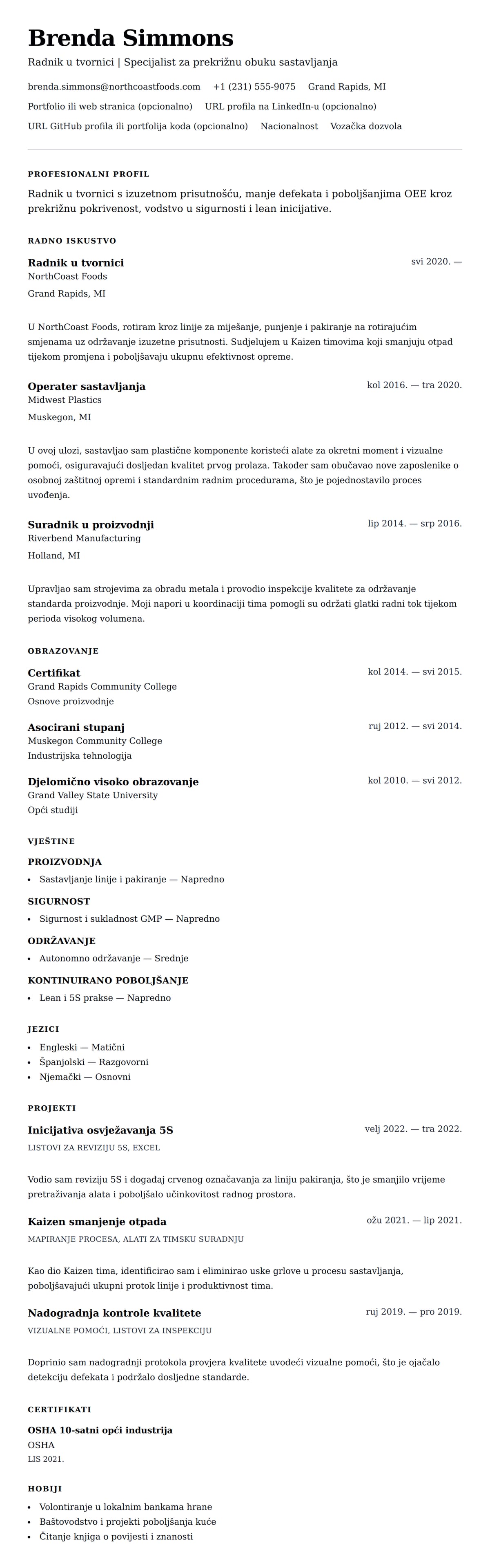 Pregled životopisa za Primjer životopisa radnika u tvornici