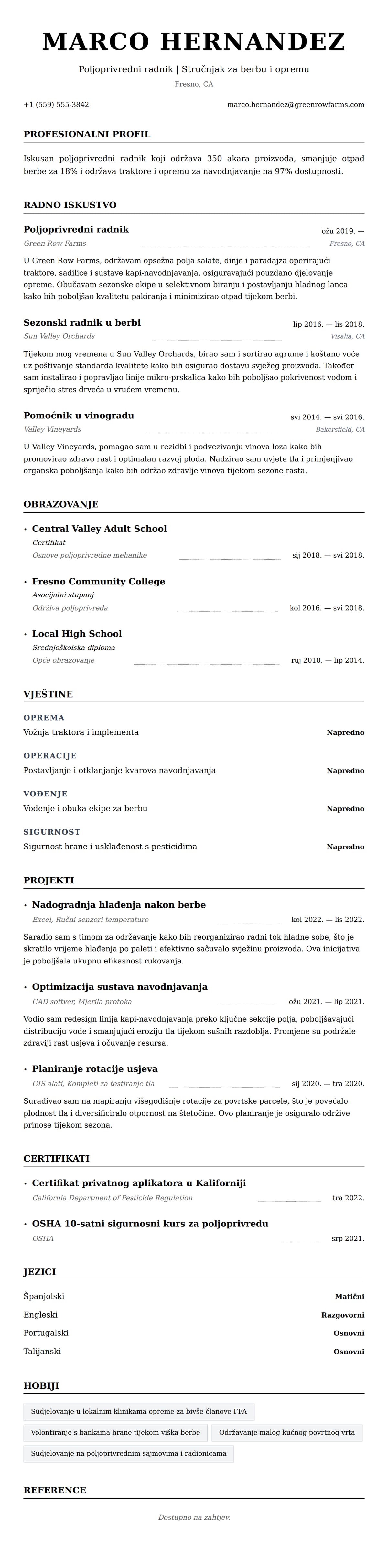 Pregled životopisa za Primjer životopisa poljoprivrednog radnika