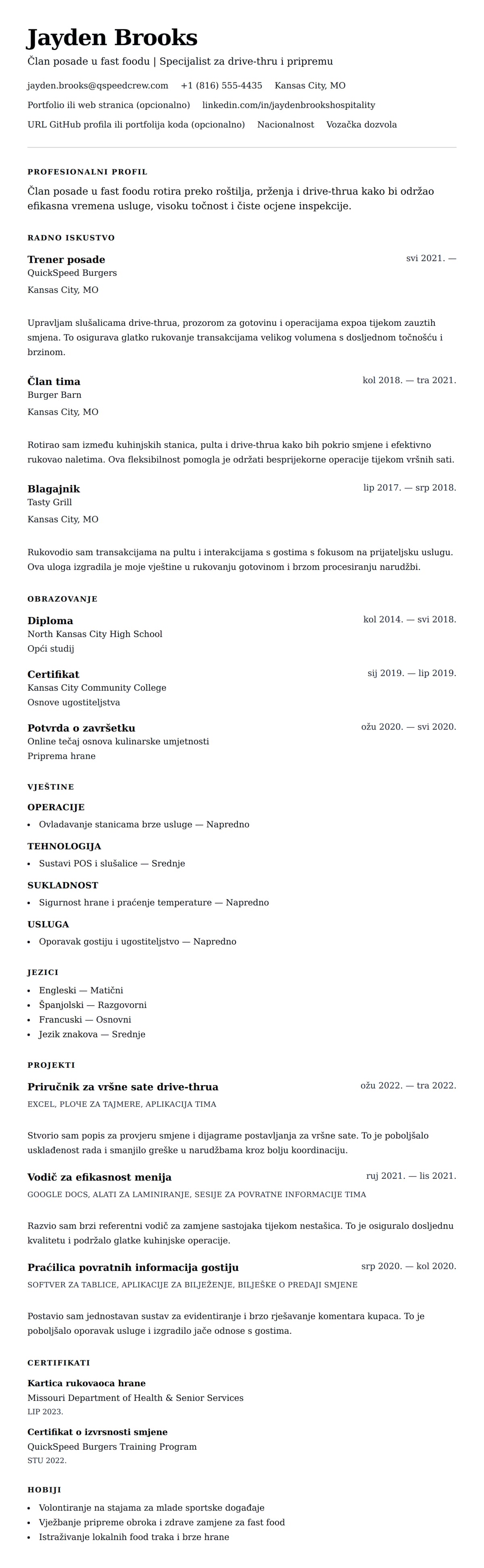 Pregled životopisa za Primjer životopisa za radnika u fast foodu