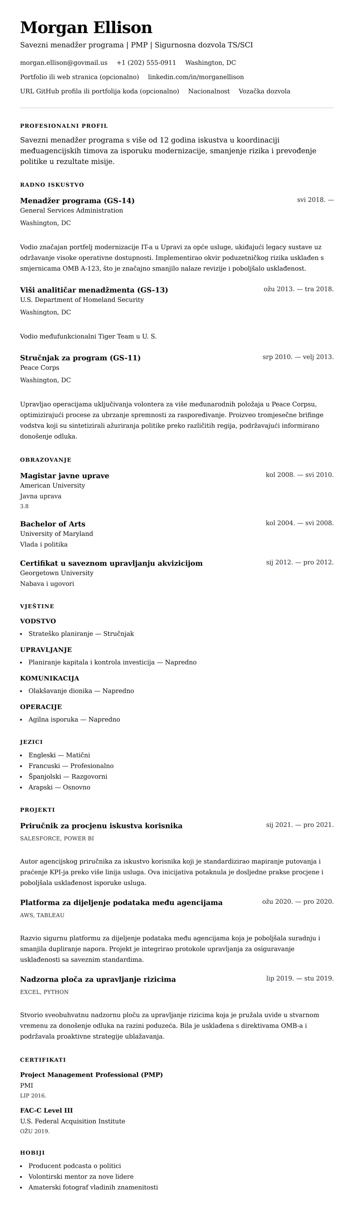 Pregled životopisa za Primjer životopisa saveznog zaposlenika