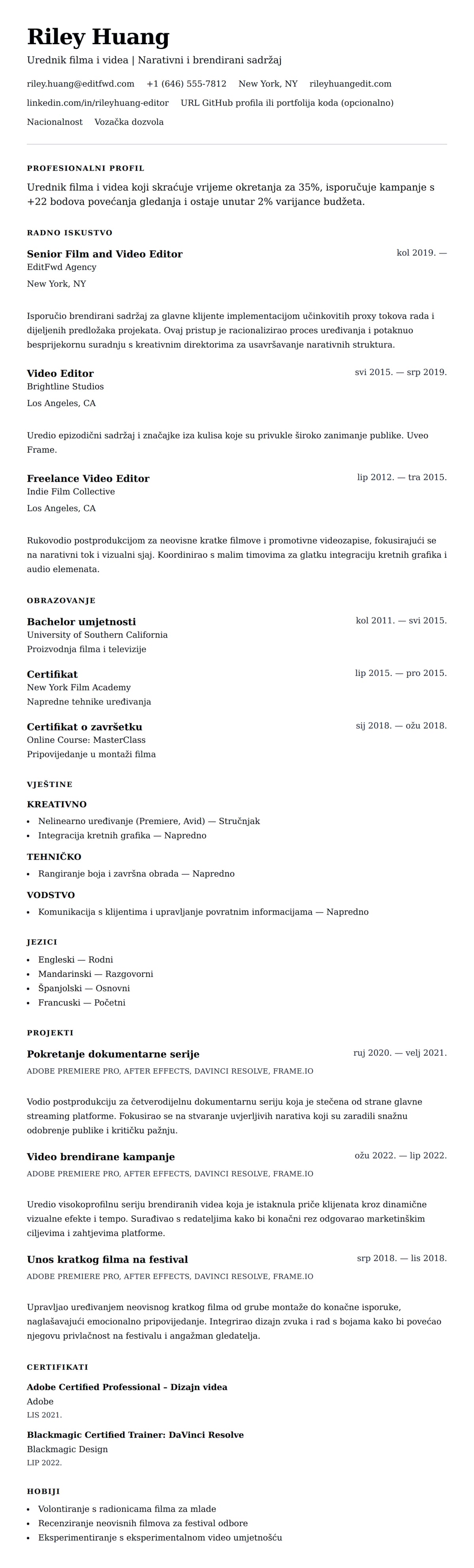 Pregled životopisa za Primjer životopisa za urednika filma i videa