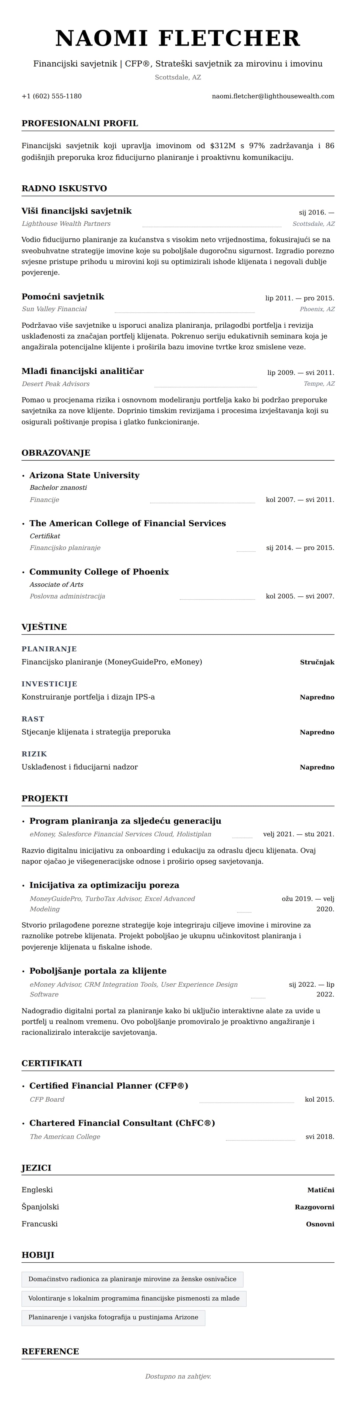 Pregled životopisa za Primjer životopisa financijskog savjetnika