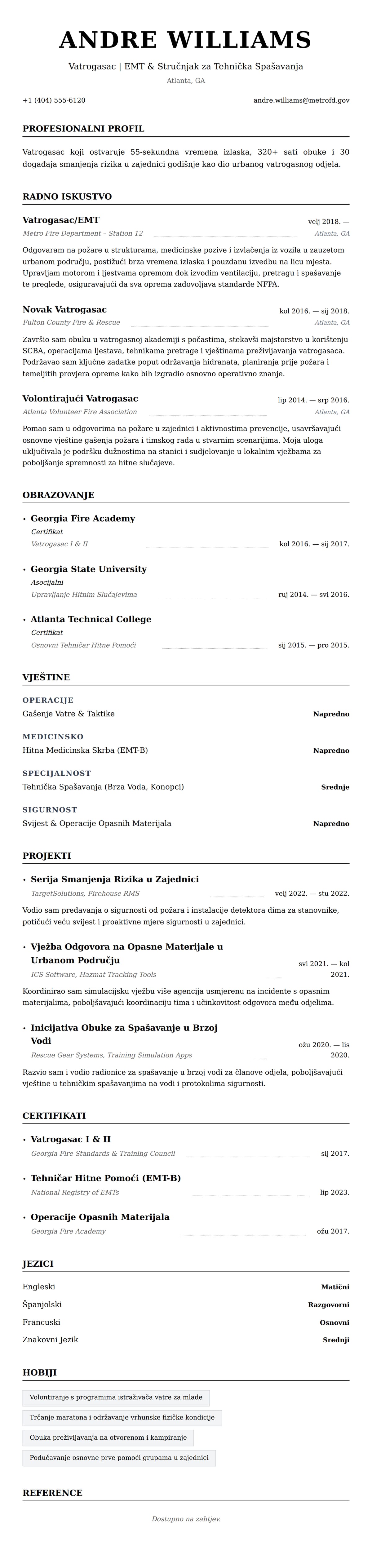 Pregled životopisa za Primjer Životopisa Vatrogasca