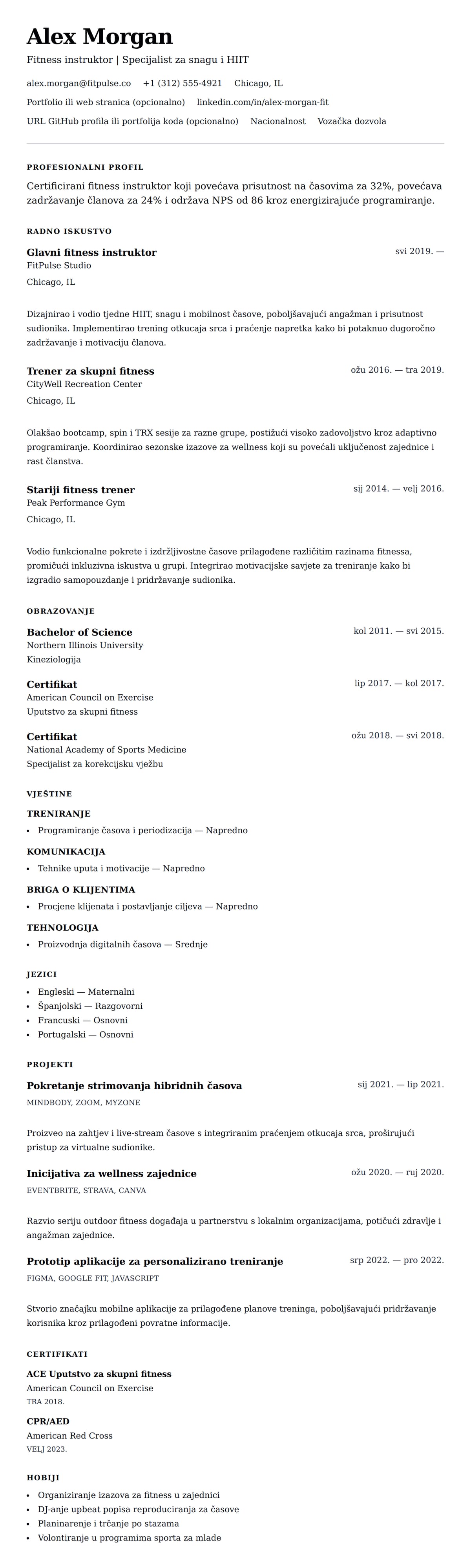 Pregled životopisa za Primjer životopisa fitness instruktora