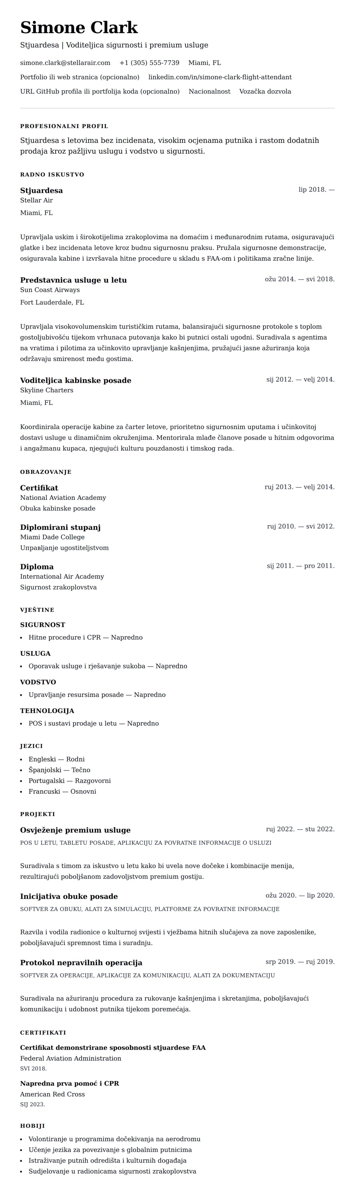 Pregled životopisa za Primjer Životopisa Stjuardese