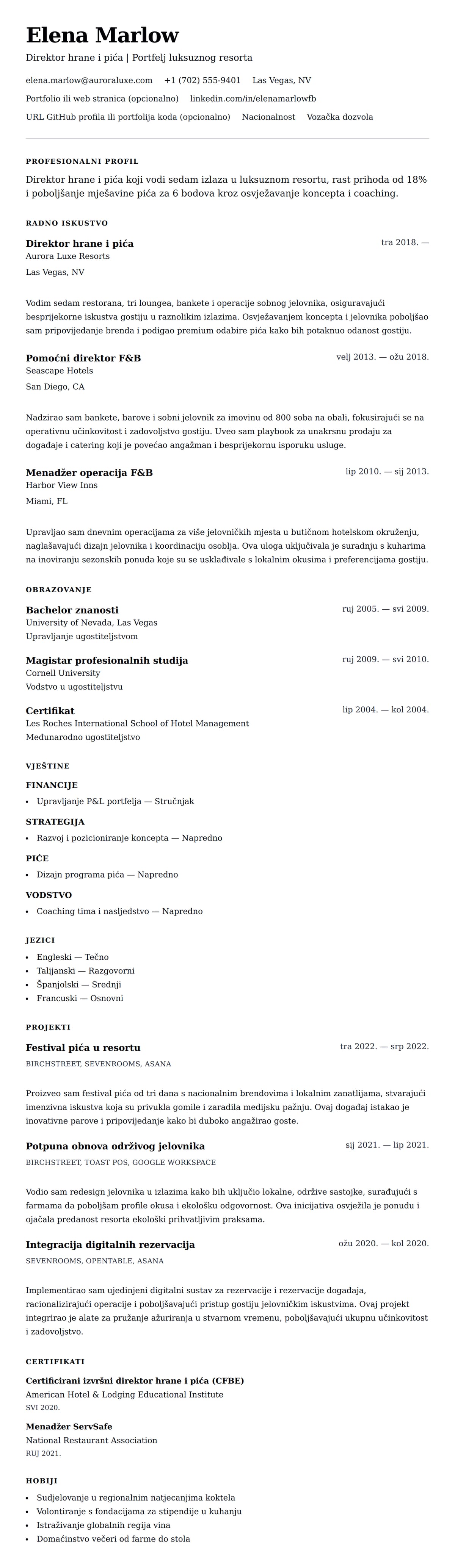 Pregled životopisa za Primjer životopisa za direktora hrane i pića