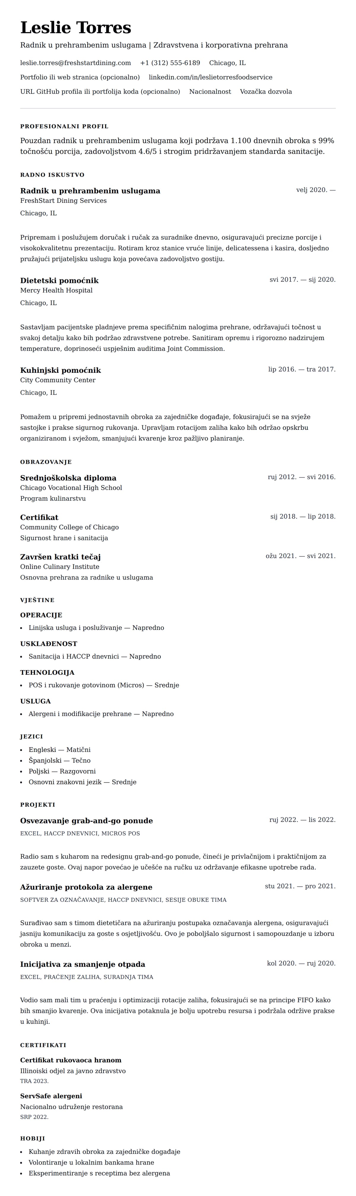 Pregled životopisa za Primjer CV-a za radnika u prehrambenim uslugama