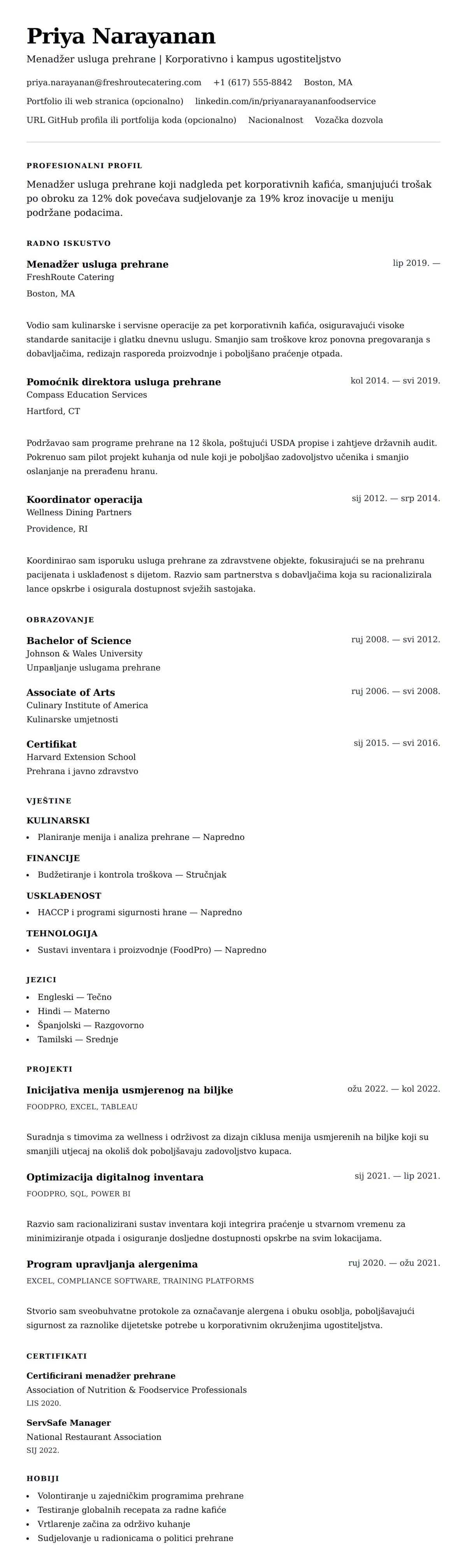 Pregled životopisa za Primjer životopisa menadžera usluga prehrane