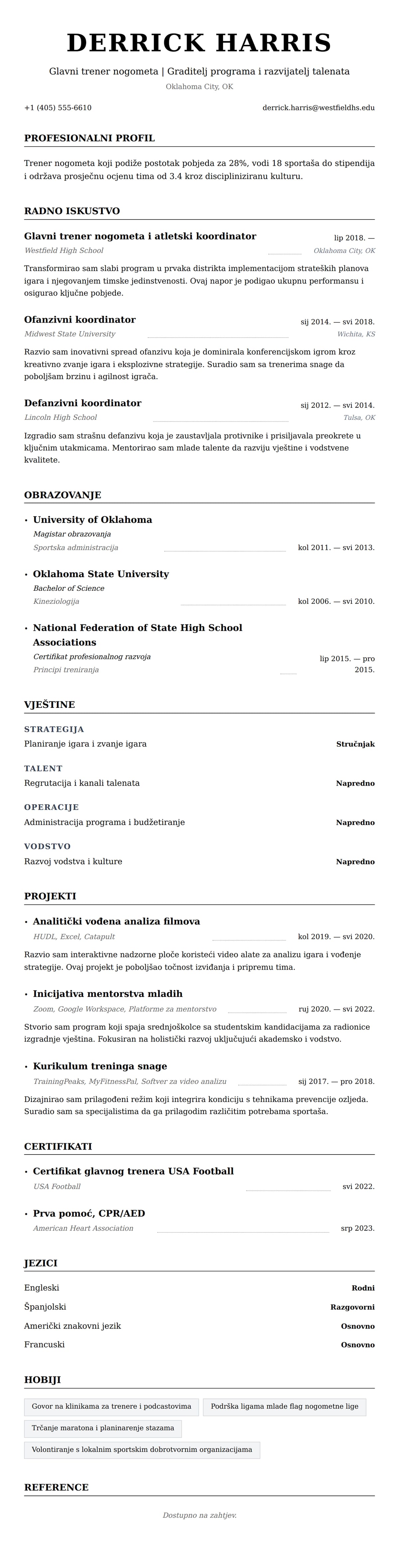 Pregled životopisa za Primjer životopisa za trenera američkog nogometa