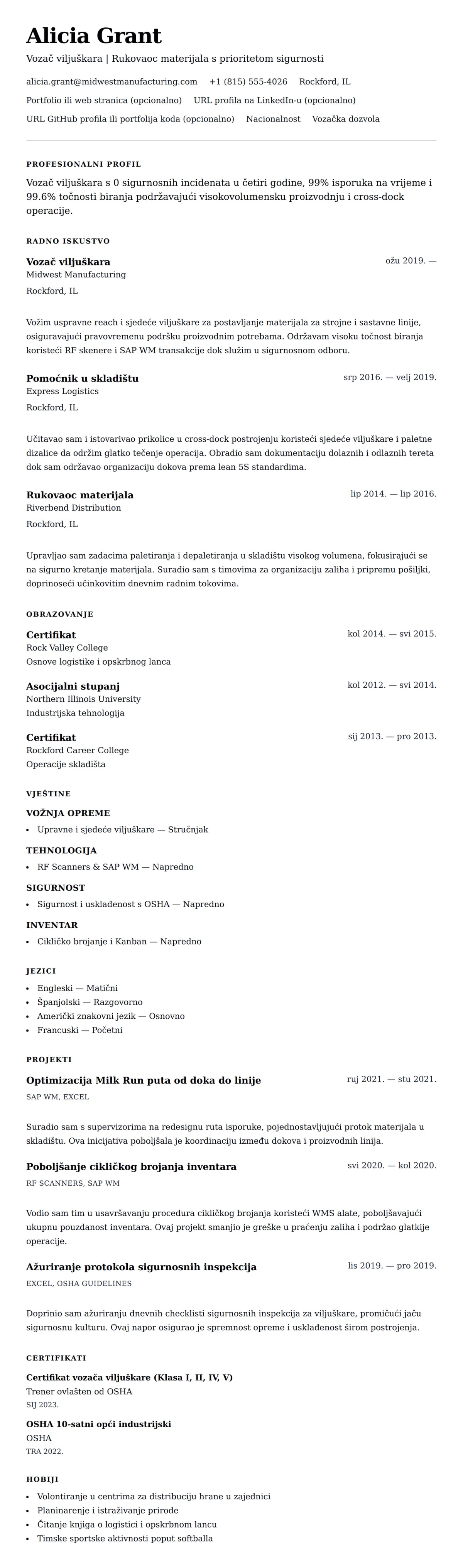 Pregled životopisa za Primjer životopisa vozača viljuškara