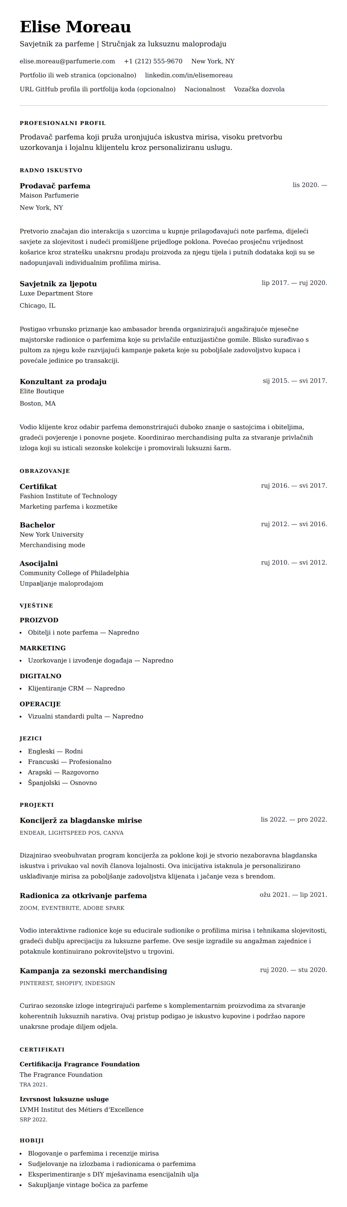 Pregled životopisa za Primjer rezimea za prodavača parfema