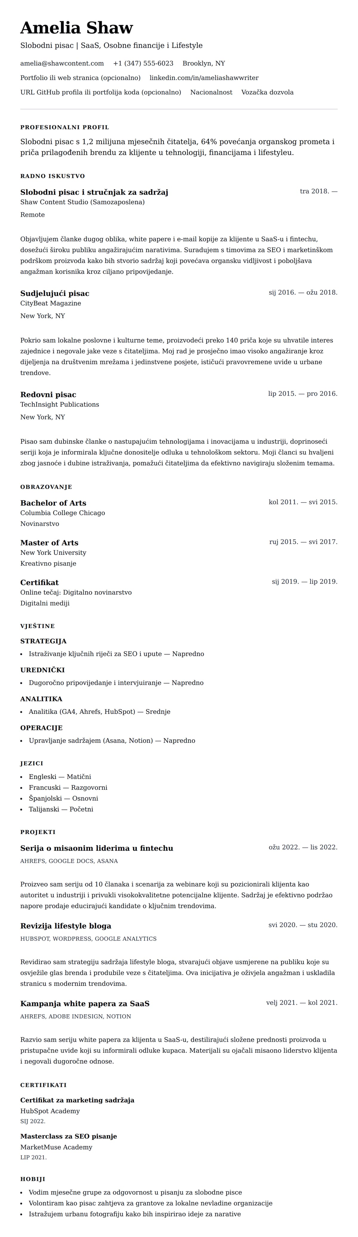 Pregled životopisa za Primjer životopisa za slobodnog pisca