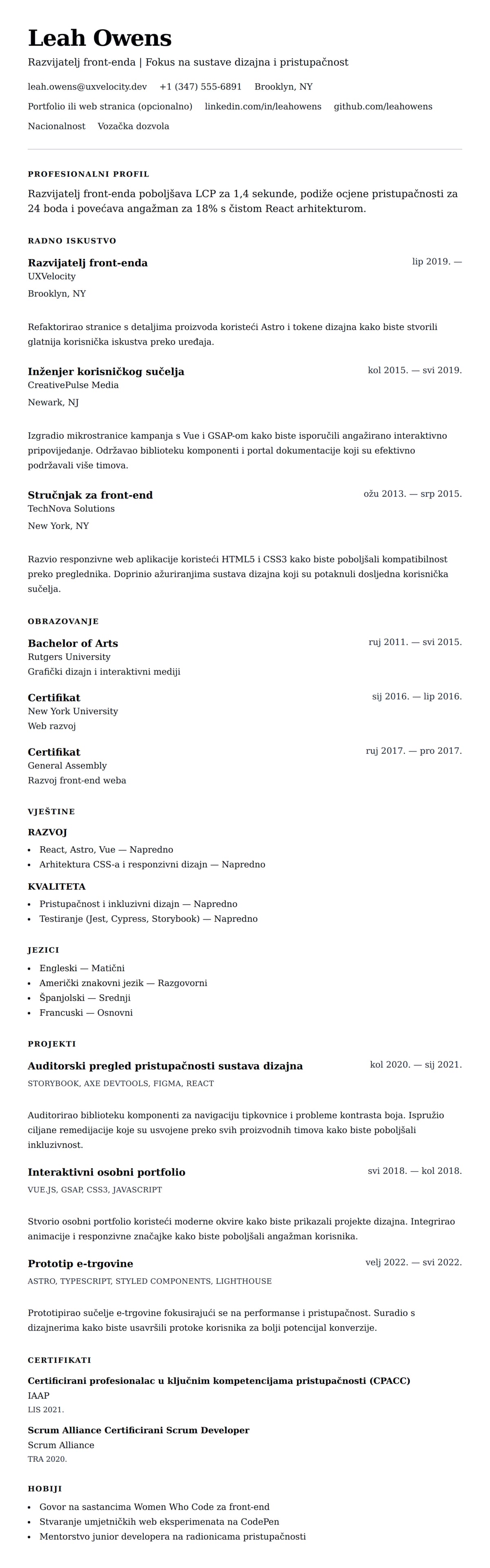 Pregled životopisa za Primjer rezimea za razvijatelja front-enda